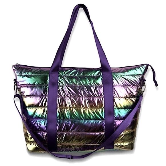 Large Metallic Puffer Tote Weekender w/ Decorative purple Straps - Picture 1 of 16